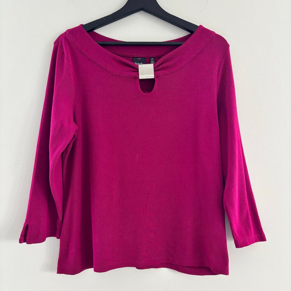 Rafaella Boat Neck Top Pink Silver Buckle Keyhole Size Large 100% Cotton